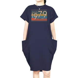 Aged Perfection 1979 Loose Short Sleeve Pocket On Dress – Blue