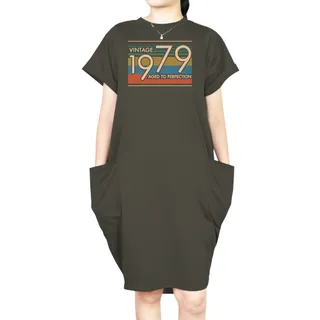 Aged Perfection 1979 Loose Short Sleeve Pocket On Dress – Green