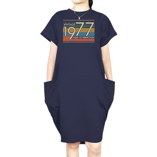Aged Perfection 1977 Loose Short Sleeve Pocket On Dress – Blue