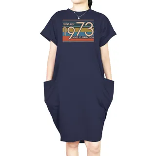 Aged Perfection 1973 Loose Short Sleeve Pocket On Dress – Blue