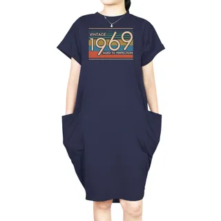 Aged Perfection 1969 Loose Short Sleeve Pocket On Dress – Blue