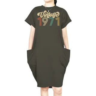 Premium Vintage 1971 Loose Short Sleeve Pocket On Dress – Green