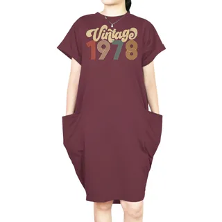Premium Vintage 1978 Loose Short Sleeve Pocket On Dress – Red