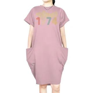 Premium Vintage 1974 Loose Short Sleeve Pocket On Dress – Pink