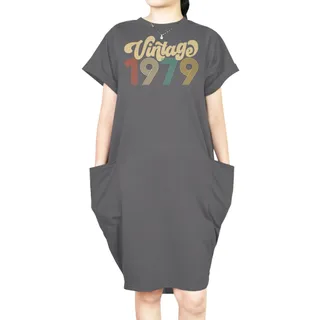 Premium Vintage 1979 Loose Short Sleeve Pocket On Dress – Grey