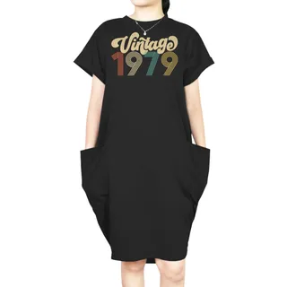 Premium Vintage 1979 Loose Short Sleeve Pocket On Dress – Black