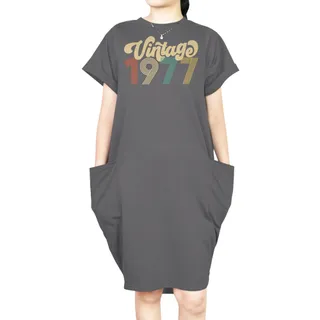 Premium Vintage 1977 Loose Short Sleeve Pocket On Dress – Grey