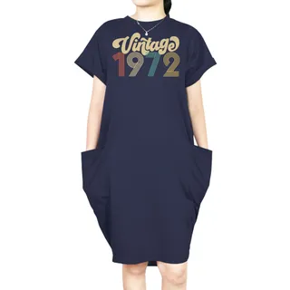 Premium Vintage 1972 Loose Short Sleeve Pocket On Dress – Blue