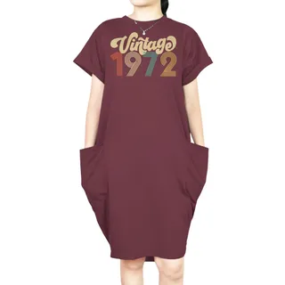 Premium Vintage 1972 Loose Short Sleeve Pocket On Dress – Red