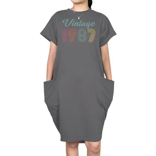 Vintage 1987 Short Sleeve Pocket On Dress – Grey