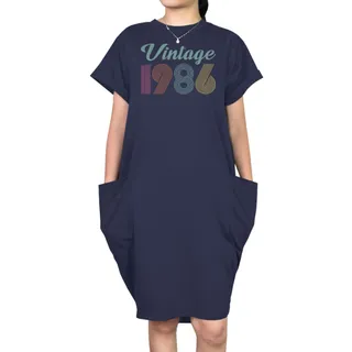 Vintage 1986 Short Sleeve Pocket On Dress – Blue