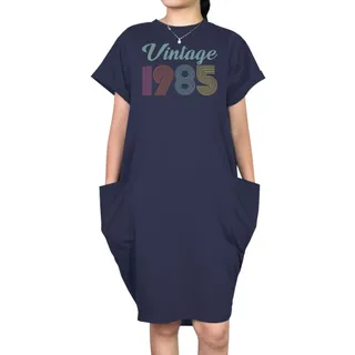 Vintage 1985 Short Sleeve Pocket On Dress – Blue