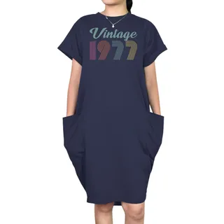 Vintage 1977 Short Sleeve Pocket On Dress – Blue