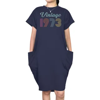 Vintage 1973 Short Sleeve Pocket On Dress – Blue