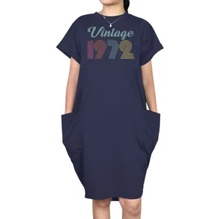 Vintage 1972 Short Sleeve Pocket On Dress – Blue