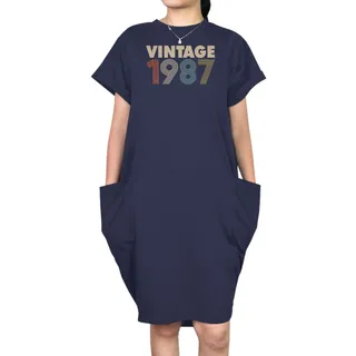 Vintage 1987 Loose Short Sleeve Pocket On Dress – Blue