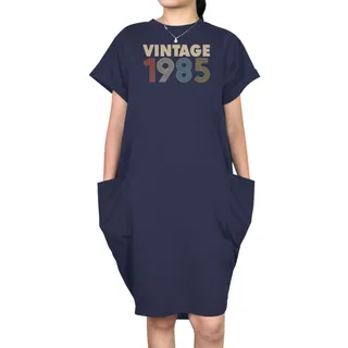 Vintage 1985 Loose Short Sleeve Pocket On Dress – Blue