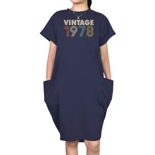 Vintage 1978 Loose Short Sleeve Pocket On Dress – Blue