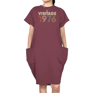 Vintage 1976 Loose Short Sleeve Pocket On Dress – Red