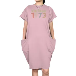 Vintage 1973 Loose Short Sleeve Pocket On Dress – Pink
