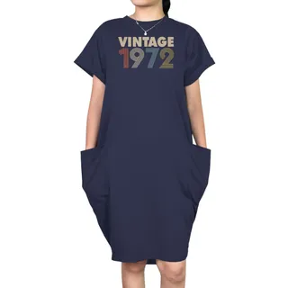 Vintage 1972 Loose Short Sleeve Pocket On Dress – Blue