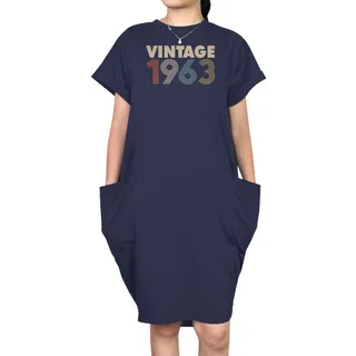 Vintage 1963 Loose Short Sleeve Pocket On Dress – Blue