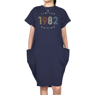 Limited Edition 1982 Loose Short Sleeve Pocket On Dress – Blue