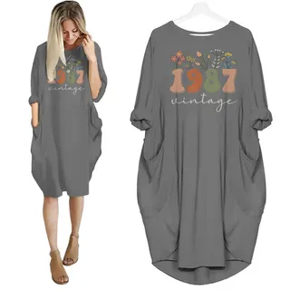 Flower Vintage 1987 Birthday Pocket Dress – Grey