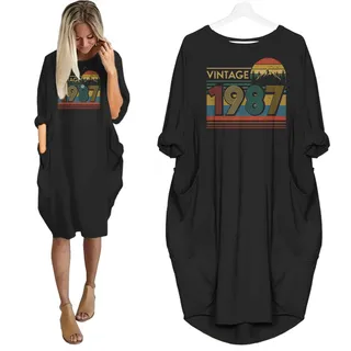 Vintage Forest 1987 Birthday Pocket Dress – Black