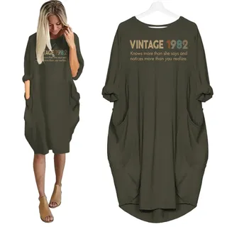 She Knows Vintage 1982 Birthday Pocket Dress – Grey