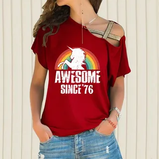 Birthday Shirts Unicorn Awesome Vintage 1976 Limited Edition Off Shoulder Shirt – Red
