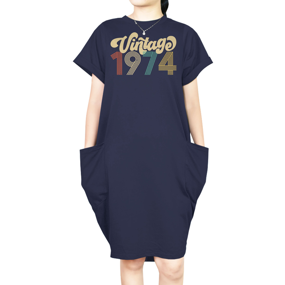 Premium Vintage 1974 Loose Short Sleeve Pocket On Dress