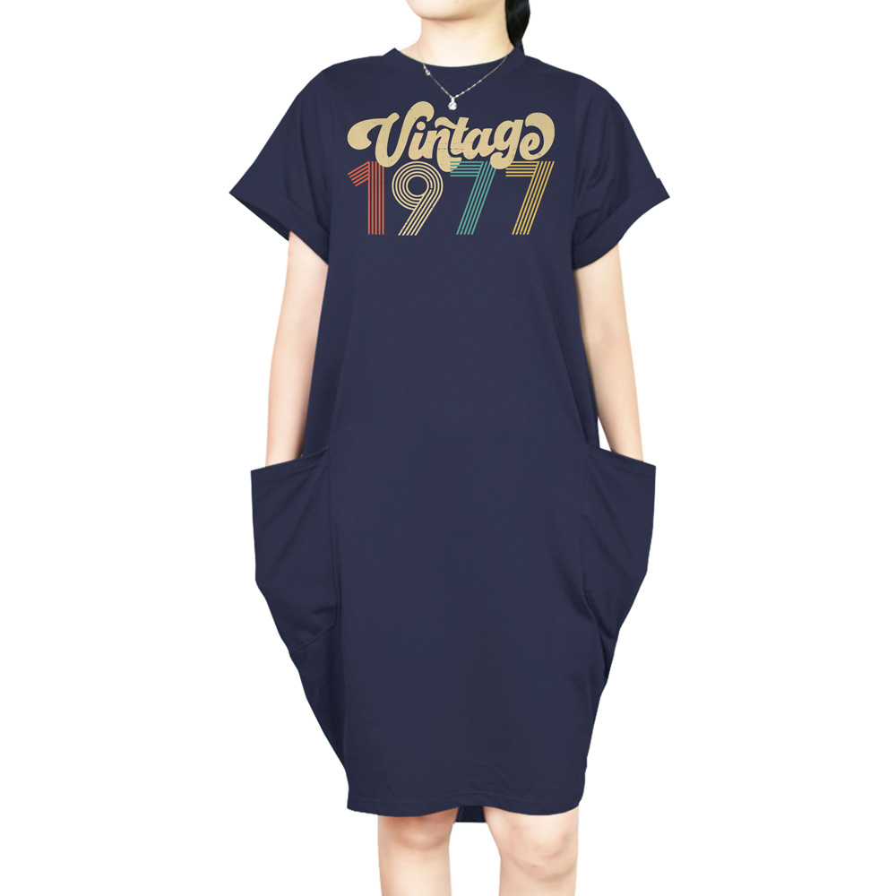 Premium Vintage 1977 Loose Short Sleeve Pocket On Dress