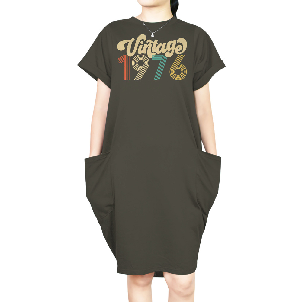 Premium Vintage 1976 Loose Short Sleeve Pocket On Dress