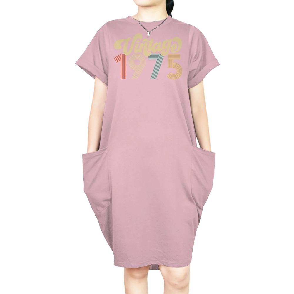 Premium Vintage 1975 Loose Short Sleeve Pocket On Dress
