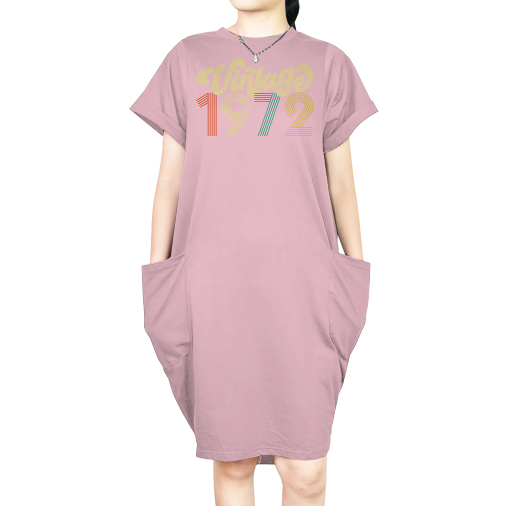 Premium Vintage 1972 Loose Short Sleeve Pocket On Dress