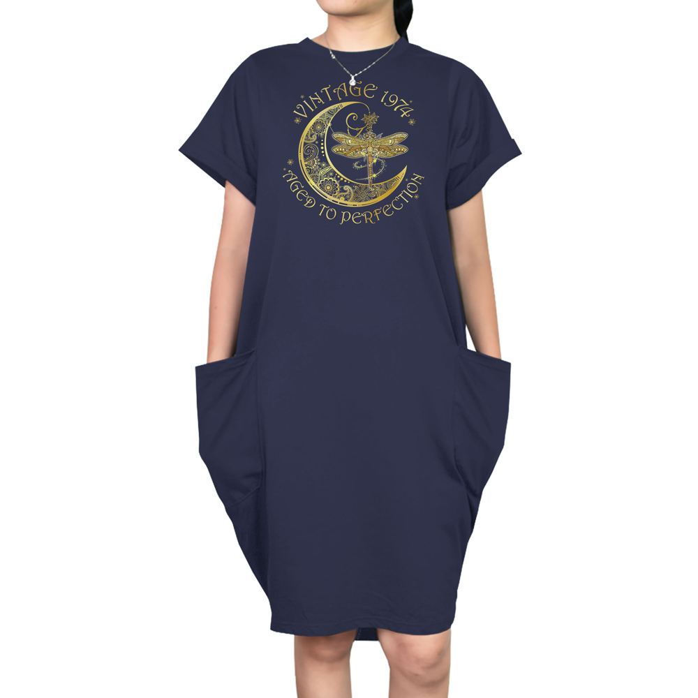 Vintage Perfection 1974 Loose Short Sleeve Pocket On Dress