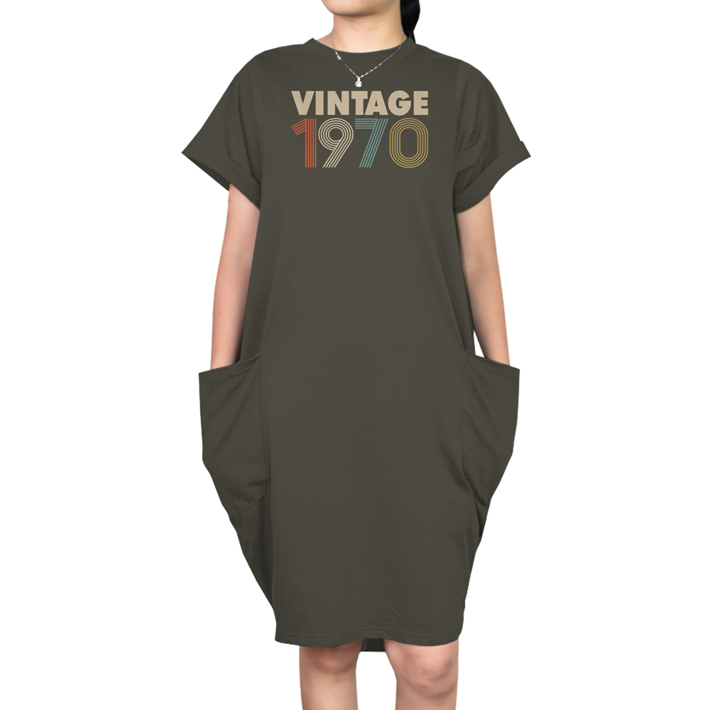 Vintage 1970 Loose Short Sleeve Pocket On Dress