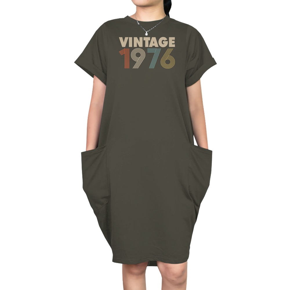 Vintage 1976 Loose Short Sleeve Pocket On Dress