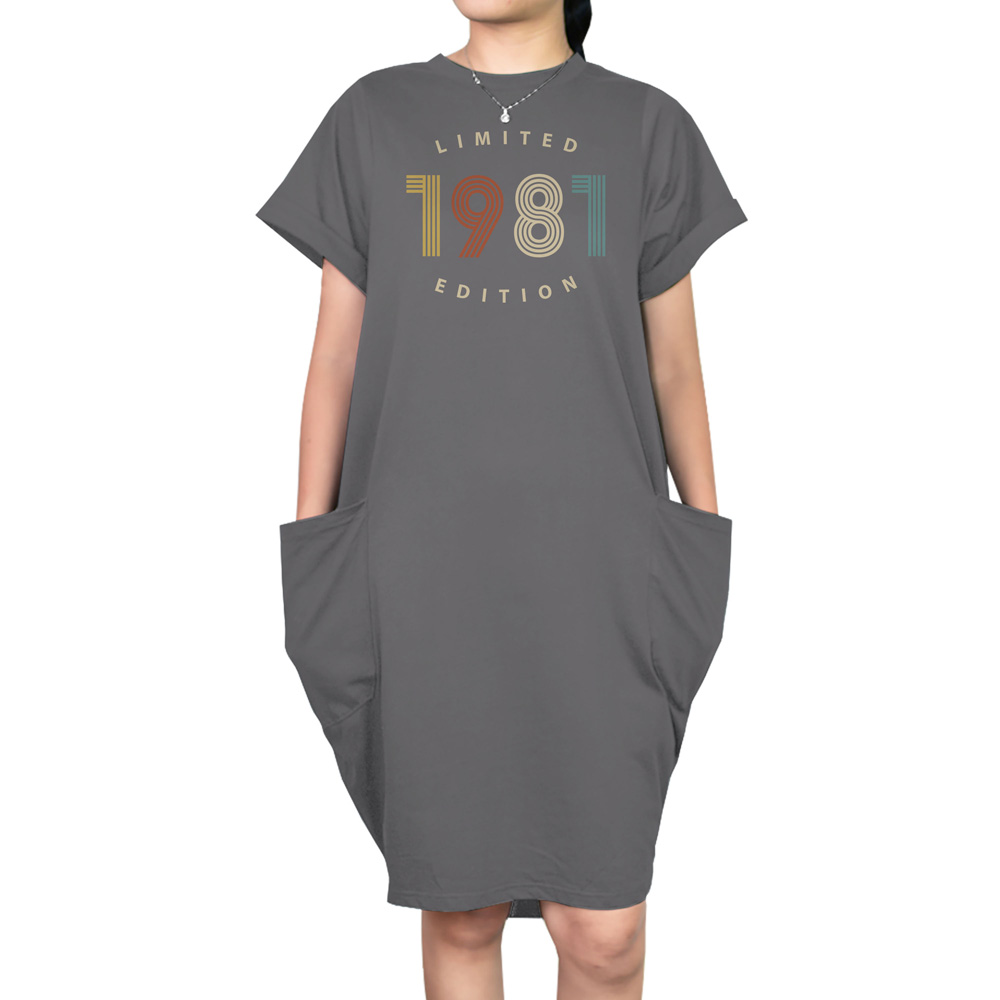 Limited Edition 1981 Loose Short Sleeve Pocket On Dress