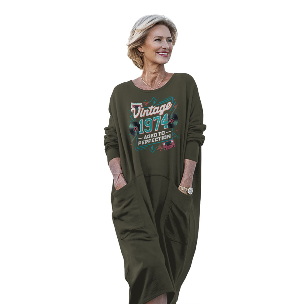 Vintage Perfection Cat 1974 Birthday Pocket Dress